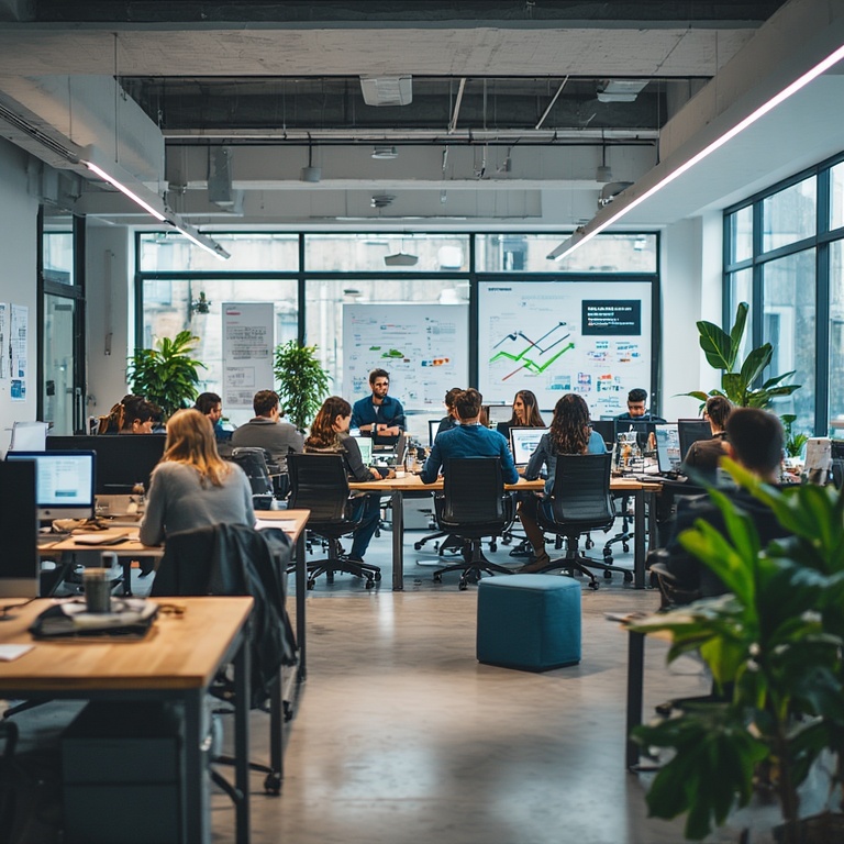 Fintech startup team scaling from 10 to 100 employees - collaborative workspace showing diverse team members working together on innovative financial technology solutions
